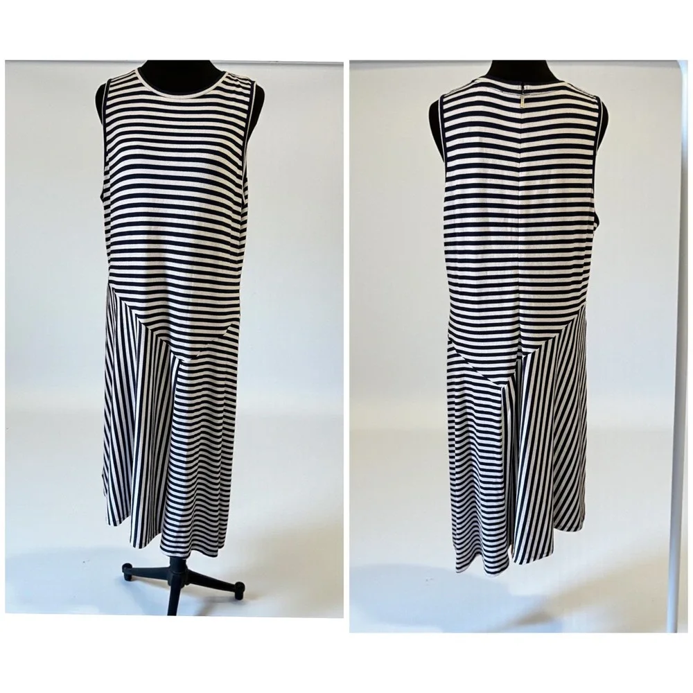 NWT Michael Kors Plus Size 2X Navy Striped Asymmetrical Midi Dress Stretch $149